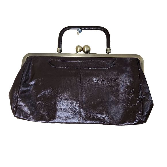 Vintage Hobo International Brown Leather Kiss Lock Clutch Wallet Top Handle EUC - Picture 2 of 9